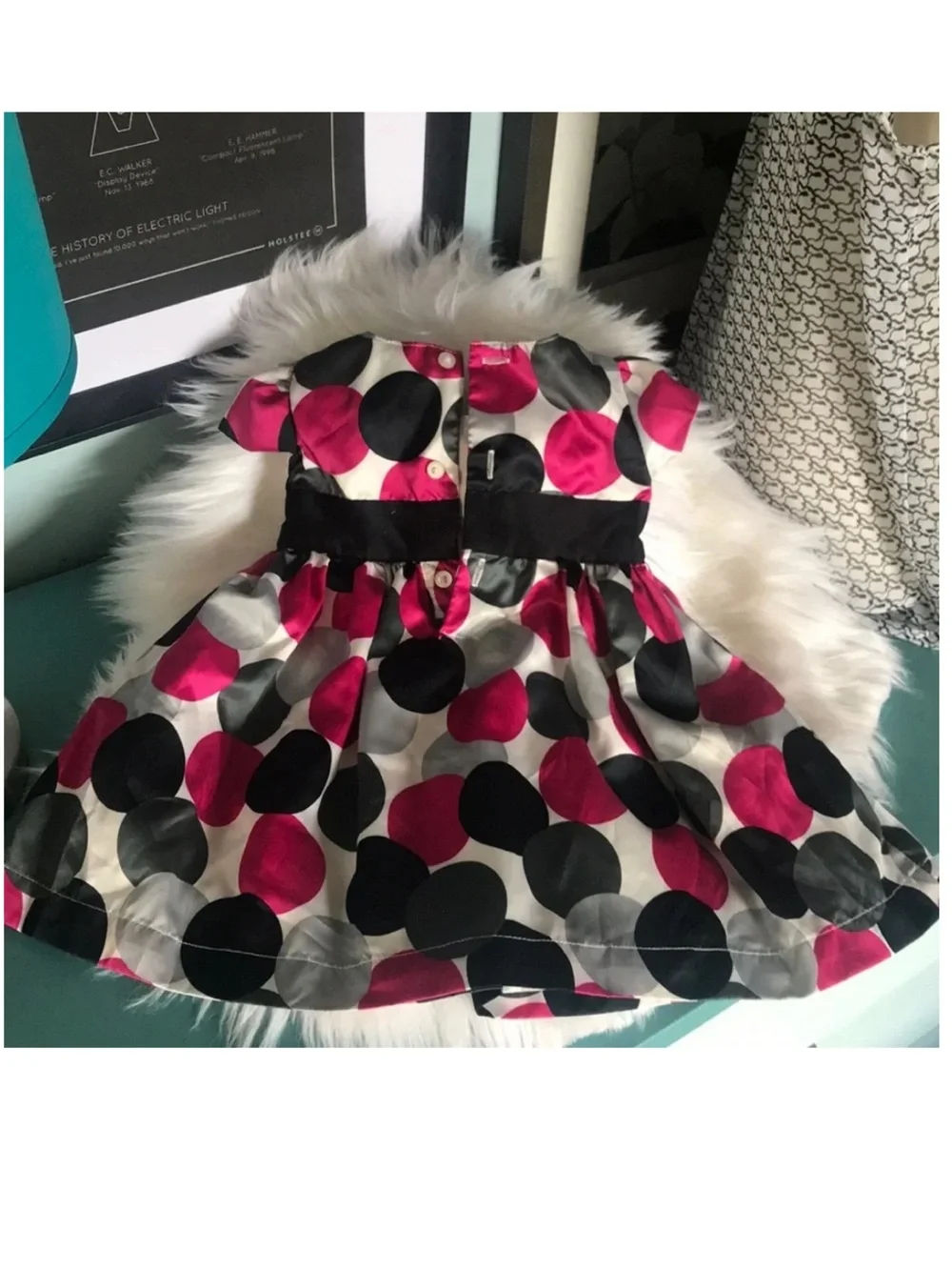 Cute Carters satin modern pink black white polka dot dress size 6 Mo